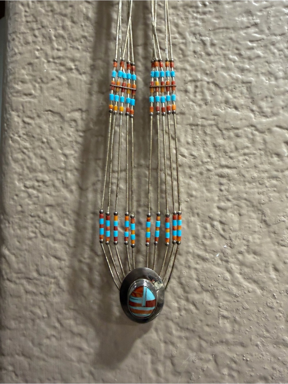 Handcrafted Inlay Pendant Necklace with Turquoise and Orange Accents - Picture 3 of 6